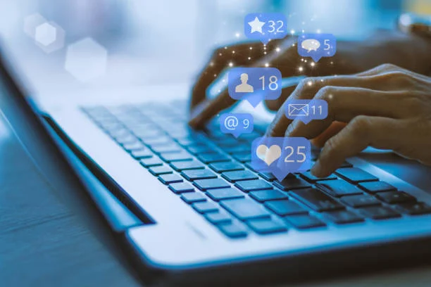 businesswoman laptop using ,social, media, marketing concept / blue tone